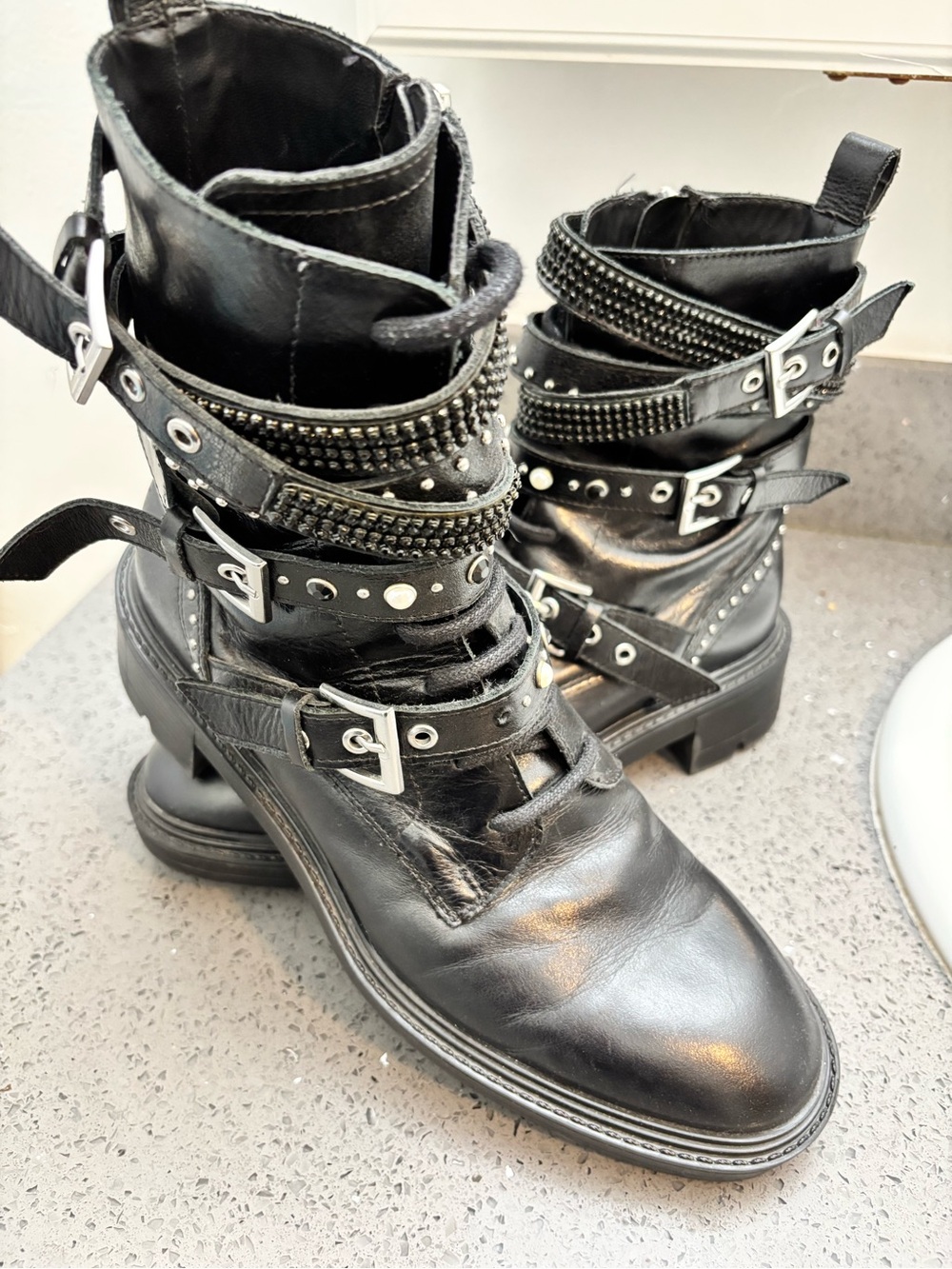 Zara Black Studded Leather Combat Boots - Women
